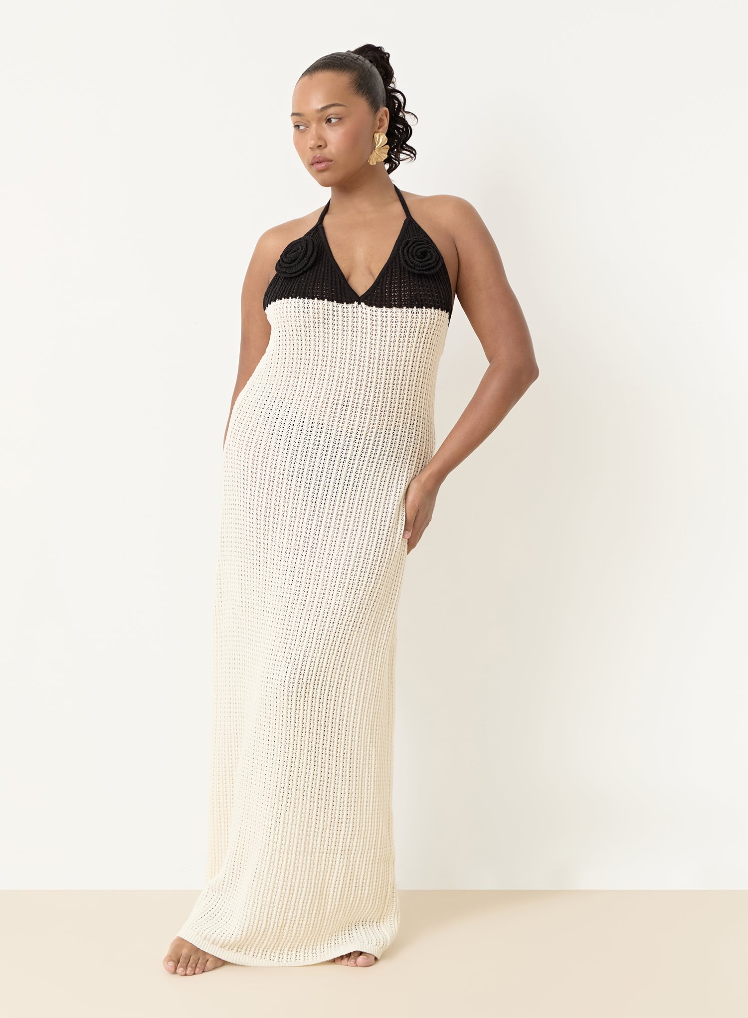 Cream And Black Knit Corsage Maxi Dress